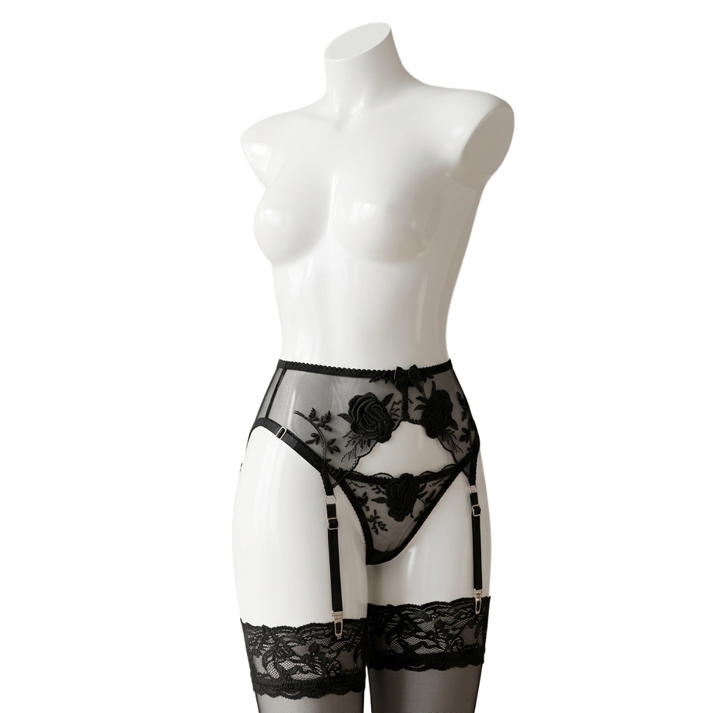 Garter Belt Set - Women's Embroidered Floral Garter Belt and
